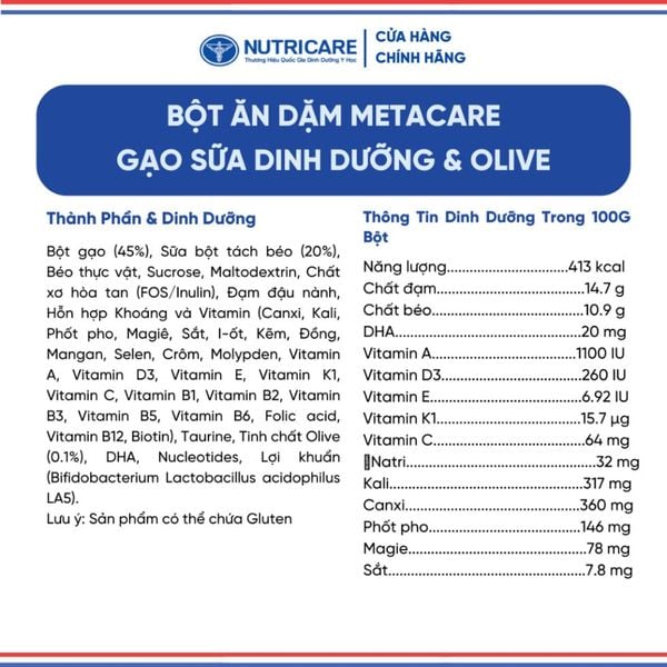 Bột Ăn Dặm NUTRICARE Metacare Gạo Sữa Dinh Dưỡng & Olive Hương Vị Thơm Ngon Giúp Bé Ăn Ngon Hơn và Hấp Thu Tốt 200G