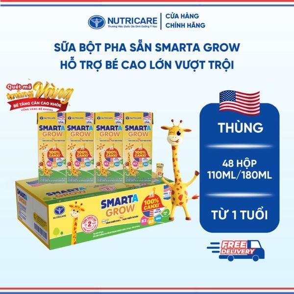 Thùng Sữa Bột Pha Sẵn SMARTA GROW NUTRICARE Cho Bé Từ 1 Tuổi Tăng Chiều Cao Phát Triển Trí Não Tăng Sức Đề Kháng 48 Hộp