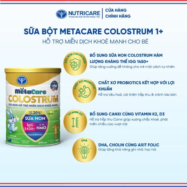 Sữa Bột METACARE COLOSTRUM 1+ NUTRICARE Tăng Cường Miễn Dịch Sức Đề Kháng Bé Từ 1-10 Tuổi Với Sữa Non IgG 1450+ 800G