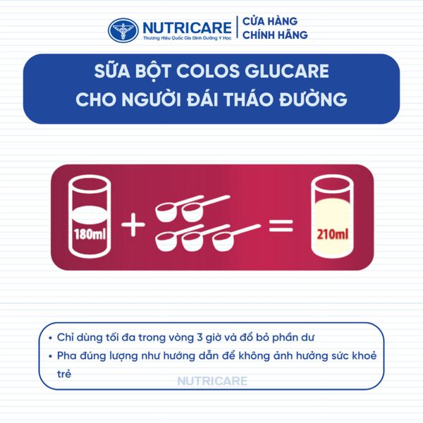 Sữa Bột COLOS GLUCARE NUTRICARE Sữa Non Hỗ Trợ Miễn Dịch Cho Người Đái Tháo Đường GI Thấp Ổn Định Đường Huyết 800G