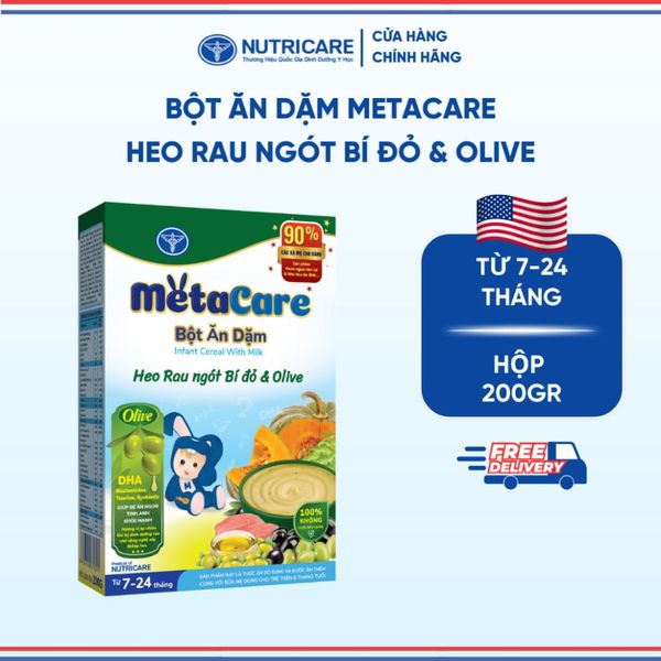 Bột Ăn Dặm NUTRICARE Metacare Heo Rau Ngót Bí Đỏ & Olive Hương Vị Thơm Ngon Giúp Bé Ăn Ngon Hơn và Hấp Thu Tốt 200G