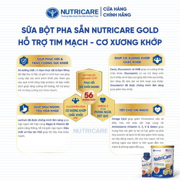 Sữa Bột NUTRICARE GOLD Giúp Ngủ Ngon Tiêu Hoá Khoẻ Tăng Cường Chức Năng Cơ Xương Khớp Dễ Hấp Thụ và Tiêu Hoá 850G/Lon