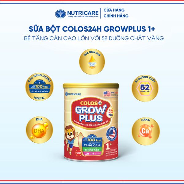 Sữa Bột GROW PLUS 1+ COLOS 24 NUTRICARE 1-2 Tuổi Bé Tăng Cân Phát Triển Chiều Cao Tăng Cường Đề Kháng và Tiêu Hoá 850G
