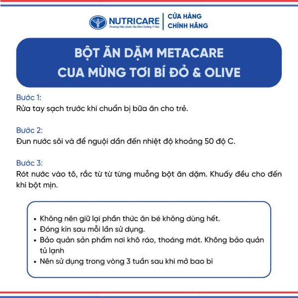 Bột Ăn Dặm NUTRICARE Metacare Cua Mùng Tơi Bí Đỏ & Olive Hương Vị Thơm Ngon Giúp Bé Ăn Ngon Hơn Hấp Thu Tốt 200G