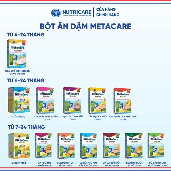 Bột Ăn Dặm NUTRICARE Metacare Cua Mùng Tơi Bí Đỏ & Olive Hương Vị Thơm Ngon Giúp Bé Ăn Ngon Hơn Hấp Thu Tốt 200G