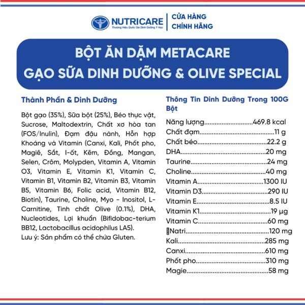 Bột Ăn Dặm NUTRICARE Metacare Gạo Sữa Dinh Dưỡng & Olive Special Cho Bé Từ 4 Tháng Tuổi Ăn Ngon Hơn và Hấp Thu Tốt 200G