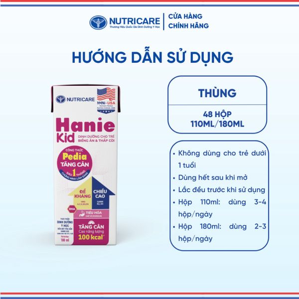 Thùng Sữa Bột Pha Sẵn HANIE KID NUTRICARE Bé Từ 1 Tuổi Suy Dinh Dưỡng Biếng Ăn Thấp Còi Sữa Non Cao Năng Lượng 48 Hộp