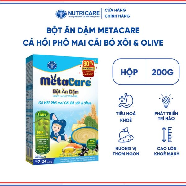 Bột Ăn Dặm NUTRICARE Metacare Cá Hồi Phô Mai Cải Bó Xôi & Olive Hương Vị Thơm Ngon Giúp Bé Ăn Ngon Hơn Hấp Thu Tốt 200G