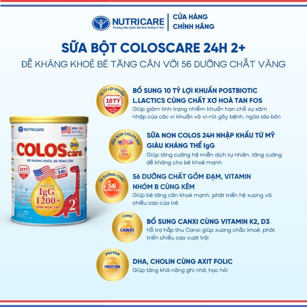 Sữa Bột COLOSCARE 24H 2+ NUTRICARE Tăng Cân Cao Lớn Đề Kháng Khoẻ Tiêu Hoá Tốt Với Sữa Non 24h IgG 1200+ Từ 2-10 Tuổi