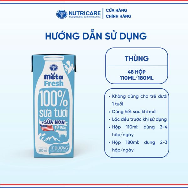 Thùng 48 Hộp Sữa Tươi META FRESH ÍT ĐƯỜNG NUTRICARE Sữa Tươi Tiệt Trùng Bổ Sung Sữa Non Không Sử Dụng Chất Bảo Quản