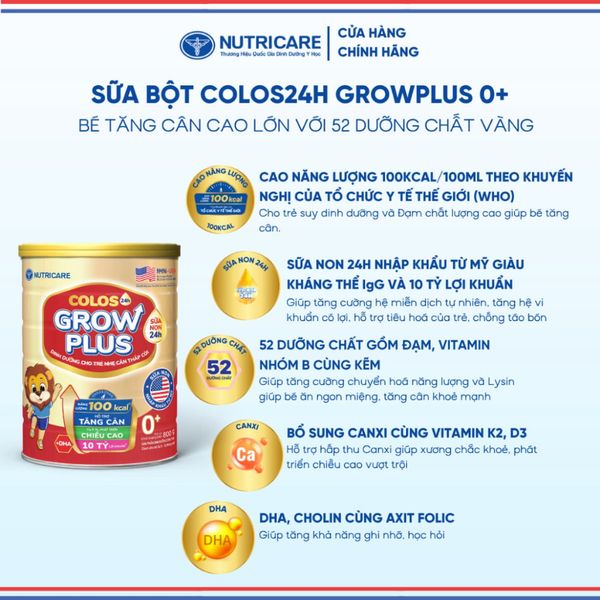 Sữa Bột GROW PLUS 0+ COLOS 24 NUTRICARE 0-12 Tháng Bé Tăng Cân Phát Triển Chiều Cao Tăng Cường Đề Kháng và Tiêu Hoá 800G