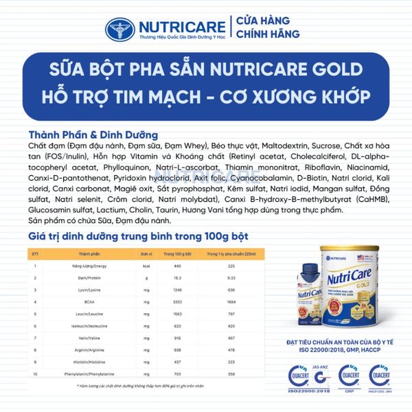 Sữa Bột NUTRICARE GOLD 850G Phục Hồi và Tăng Cường Sức Khỏe Hỗ Trợ Xương Khớp Tim Mạch và Ngủ Ngon
