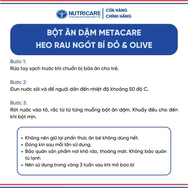 Bột Ăn Dặm NUTRICARE Metacare Heo Rau Ngót Bí Đỏ & Olive Hương Vị Thơm Ngon Giúp Bé Ăn Ngon Hơn và Hấp Thu Tốt 200G
