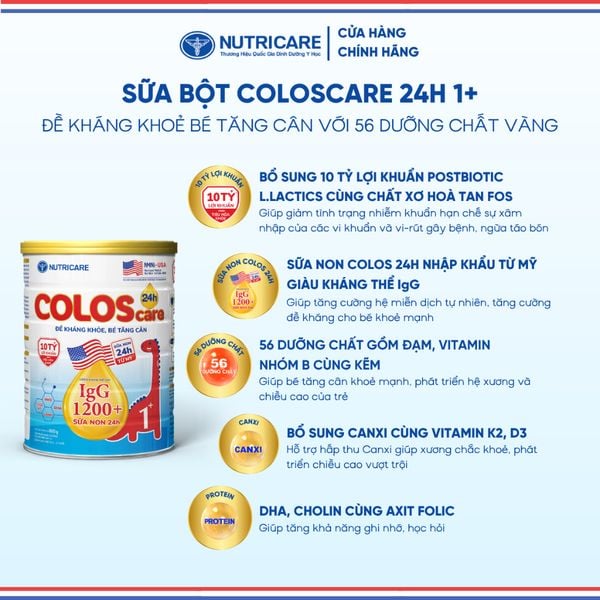 Sữa Bột COLOSCARE 24H 1+ NUTRICARE Bé Tăng Cân Cao Lớn Đề Kháng Khoẻ Tiêu Hoá Tốt Với Sữa Non 24h IgG 1200+ Từ 1-2 TuổI