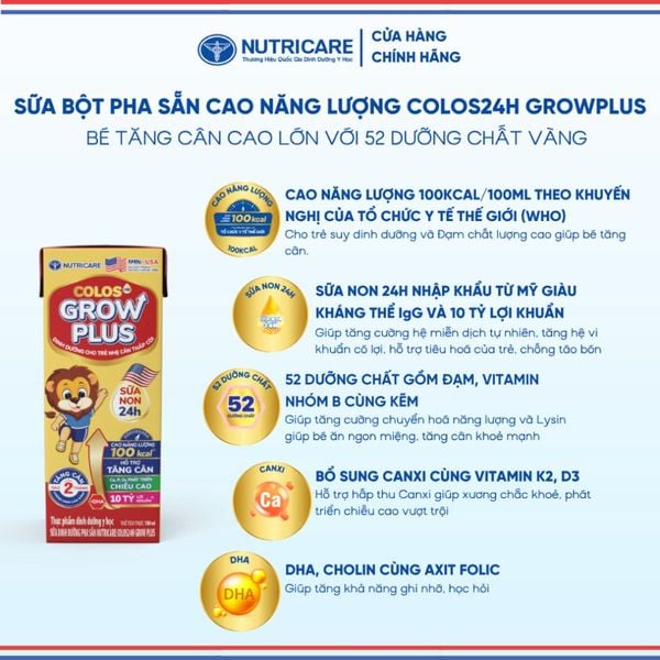 Thùng Sữa Bột Pha Sẵn GROW PLUS COLOS 24H NUTRICARE Cho Bé Từ 1 Tuổi Tăng Cân Tăng Cường Đề Kháng Tiêu Hoá Tốt 48 Hộp