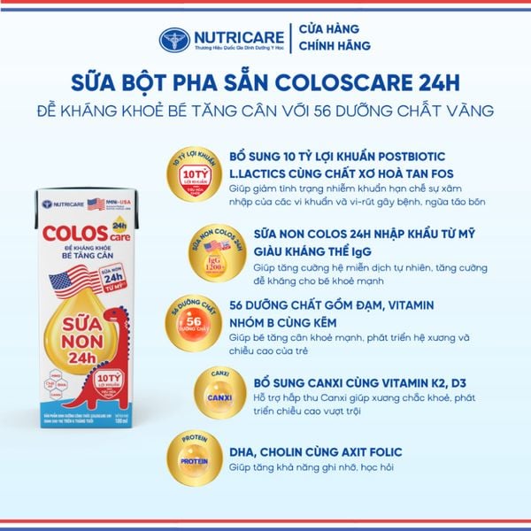 Thùng Sữa Bột Pha Sẵn COLOSCARE 24H NUTRICARE Bé Trên 6 Tháng Tuổi Tăng Cân Cao Lớn Đề Kháng Khoẻ Tiêu Hoá Tốt 48 Hộp