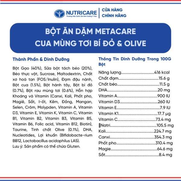 Bột Ăn Dặm NUTRICARE Metacare Cua Mùng Tơi Bí Đỏ & Olive Hương Vị Thơm Ngon Giúp Bé Ăn Ngon Hơn Hấp Thu Tốt 200G