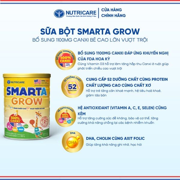 Sữa Bột SMARTA GROW NUTRICARE Bé Tăng Chiều Cao Phát Triển Trí Não Tăng Cân Tăng Sức Đề Kháng Cho Bé Từ 1-10 Tuổi 850G