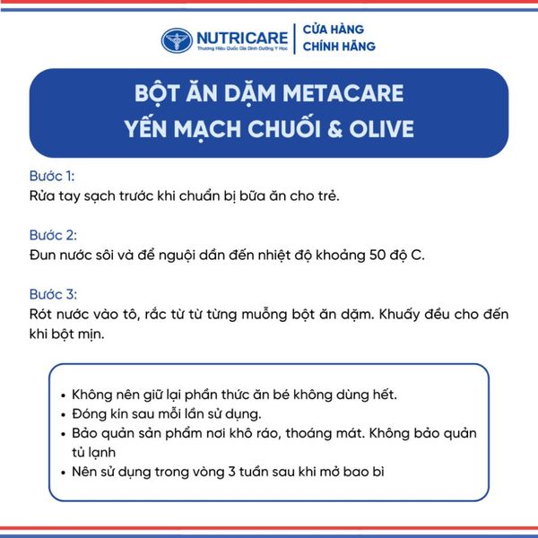 Bột Ăn Dặm NUTRICARE Metacare Yến Mạch Chuối & Olive Hương Vị Thơm Ngon Giúp Bé Ăn Ngon Hơn và Hấp Thu Tốt 200G