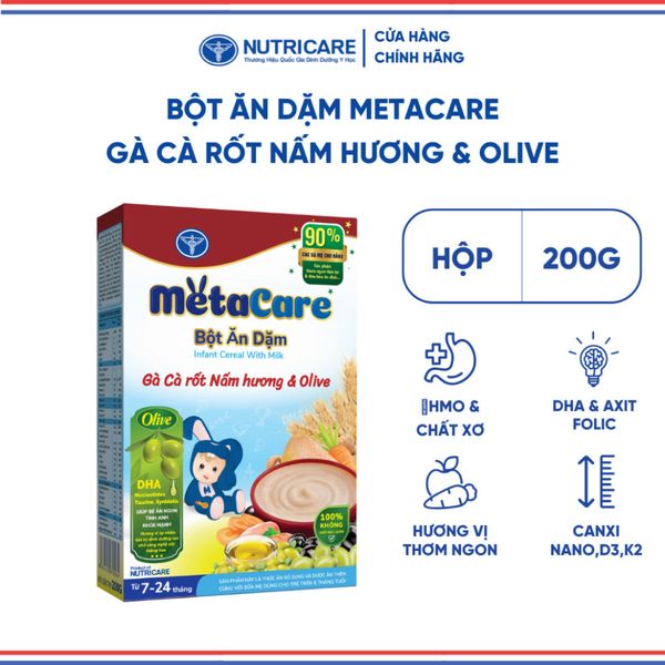 Bột Ăn Dặm NUTRICARE Metacare Gà Cà Rốt Nấm Hương & Olive Hương Vị Thơm Ngon Giúp Bé Ăn Ngon Hơn và Hấp Thu Tốt 200G