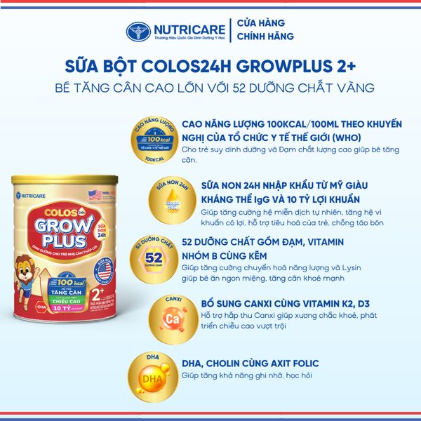 Sữa Bột GROW PLUS 2+ COLOS 24 NUTRICARE 2-10 Tuổi Bé Tăng Cân Phát Triển Chiều Cao Tăng Cường Đề Kháng và Tiêu Hoá 850G