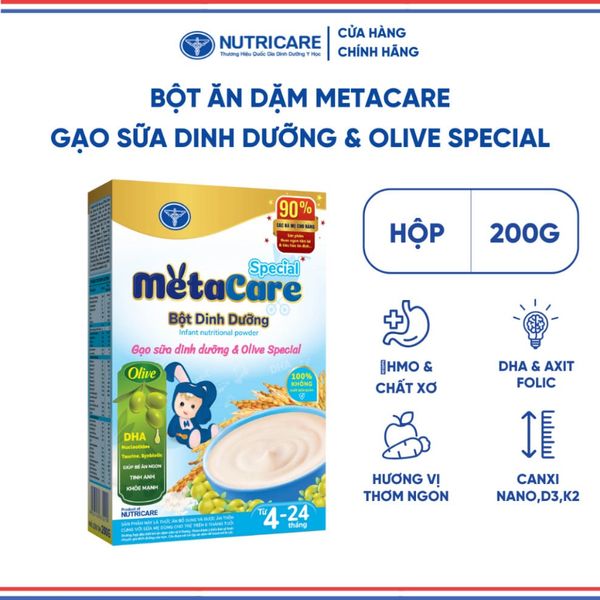 Bột Ăn Dặm NUTRICARE Metacare Gạo Sữa Dinh Dưỡng & Olive Special Cho Bé Từ 4 Tháng Tuổi Ăn Ngon Hơn và Hấp Thu Tốt 200G