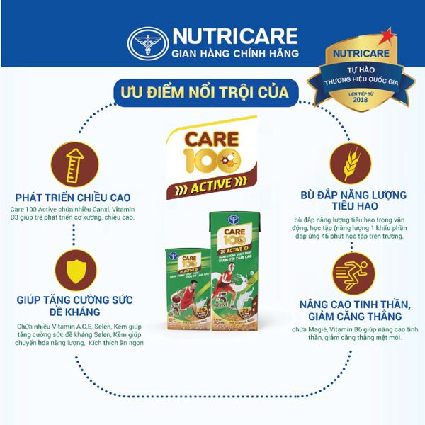 Thùng 48 Hộp Sữa Cacao Lúa Mạch CARE 100 ACTIVE NUTRICARE Phát Triển Chiều Cao Cơ Xương Khớp Dành Cho Trẻ Từ 3 Tuổi