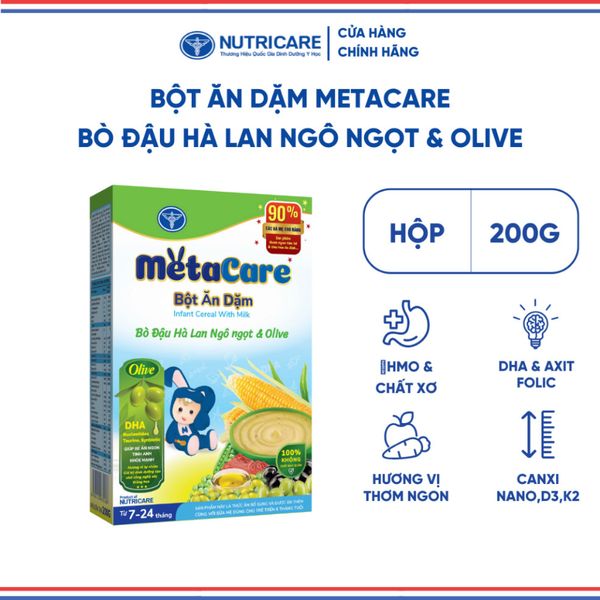 Bột Ăn Dặm NUTRICARE Metacare Bò Đậu Hà Lan Ngô Ngọt & Olive Hương Vị Thơm Ngon Giúp Bé Ăn Ngon Hơn và Hấp Thu Tốt 200G
