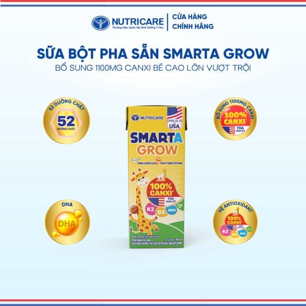 Thùng Sữa Bột Pha Sẵn SMARTA GROW NUTRICARE Cho Bé Từ 1 Tuổi Tăng Chiều Cao Phát Triển Trí Não Tăng Sức Đề Kháng 48 Hộp