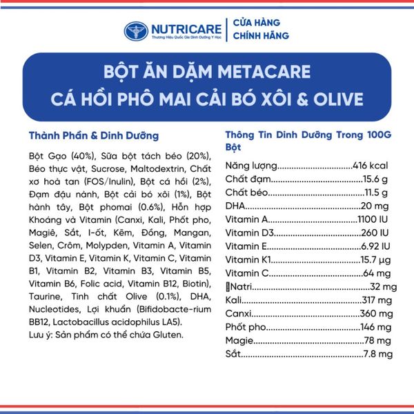 Bột Ăn Dặm NUTRICARE Metacare Cá Hồi Phô Mai Cải Bó Xôi & Olive Hương Vị Thơm Ngon Giúp Bé Ăn Ngon Hơn Hấp Thu Tốt 200G
