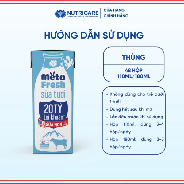 Thùng 48 Hộp Sữa Tươi META FRESH 20 TỶ LỢI KHUẨN ÍT ĐƯỜNG NUTRICARE Sữa Tươi Tiệt Trùng Tăng Cường Đề Kháng