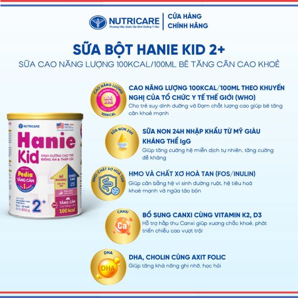 Sữa Bột HANIE KID 2+ NUTRICARE Cho Bé 2-10 Tuổi Suy Dinh Dưỡng Biếng Ăn Thấp Còi, Sữa Non 24H Cao Năng Lượng 850G