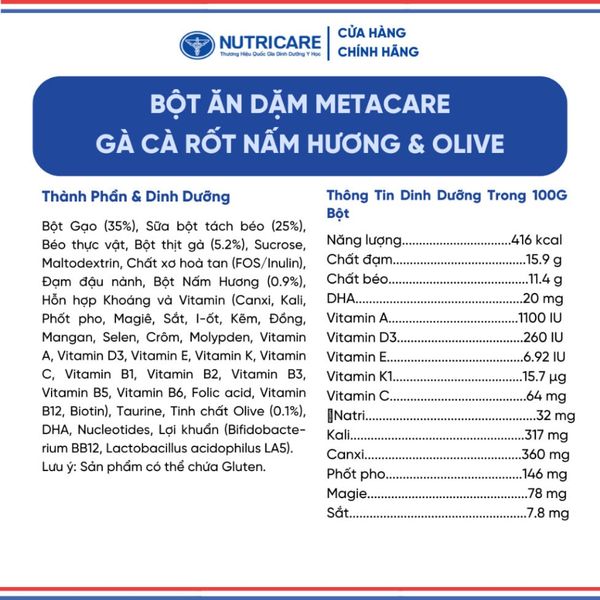 Bột Ăn Dặm NUTRICARE Metacare Gà Cà Rốt Nấm Hương & Olive Hương Vị Thơm Ngon Giúp Bé Ăn Ngon Hơn và Hấp Thu Tốt 200G