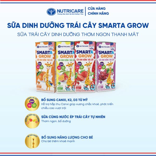 Sữa Trái Cây SMARTA GROW NUTRICARE 180ML Giúp Bé Phát Triển Chiều Cao Xương Chắc Khoẻ Cho Bé Từ 1 Tuổi Thùng 48 Hộp