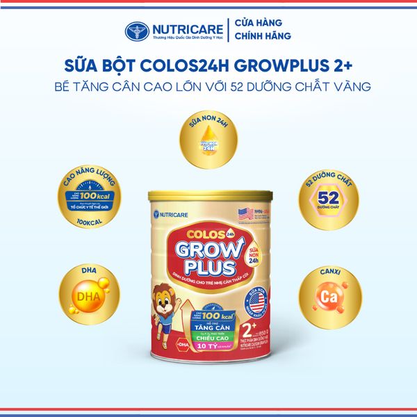 Sữa Bột GROW PLUS 2+ COLOS 24 NUTRICARE 2-10 Tuổi Bé Tăng Cân Phát Triển Chiều Cao Tăng Cường Đề Kháng và Tiêu Hoá 850G