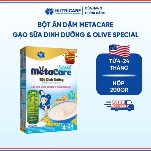 Bột Ăn Dặm NUTRICARE Metacare Gạo Sữa Dinh Dưỡng & Olive Special Cho Bé Từ 4 Tháng Tuổi Ăn Ngon Hơn và Hấp Thu Tốt 200G