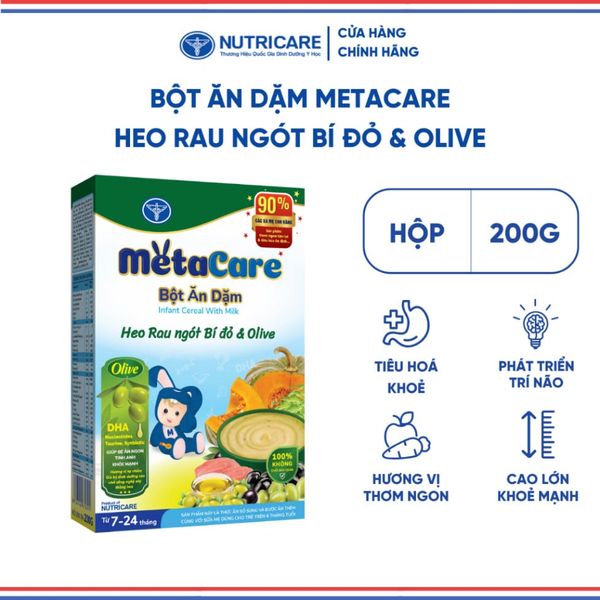 Bột Ăn Dặm NUTRICARE Metacare Heo Rau Ngót Bí Đỏ & Olive Hương Vị Thơm Ngon Giúp Bé Ăn Ngon Hơn và Hấp Thu Tốt 200G