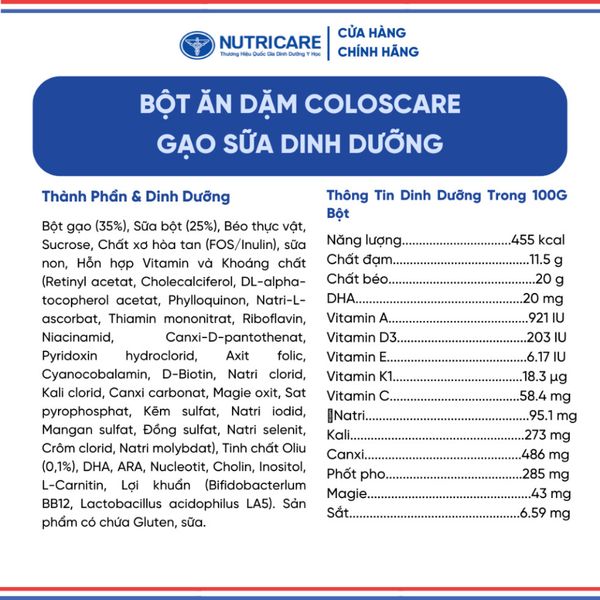 Bột Ăn Dặm NUTRICARE COLOSCARE Vị Ngọt Gạo Sữa Thơm Ngon Cho Trẻ Bắt Đầu Tập Ăn Bổ Sung Sữa Non IgG24H 200G/Lon