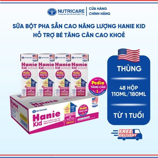 Thùng Sữa Bột Pha Sẵn HANIE KID NUTRICARE Bé Từ 1 Tuổi Suy Dinh Dưỡng Biếng Ăn Thấp Còi Sữa Non Cao Năng Lượng 48 Hộp