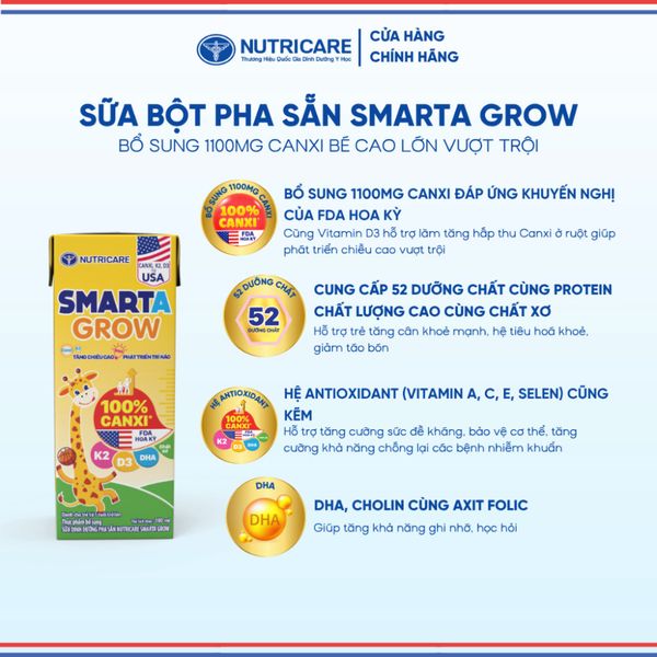 Thùng Sữa Bột Pha Sẵn SMARTA GROW NUTRICARE Cho Bé Từ 1 Tuổi Tăng Chiều Cao Phát Triển Trí Não Tăng Sức Đề Kháng 48 Hộp