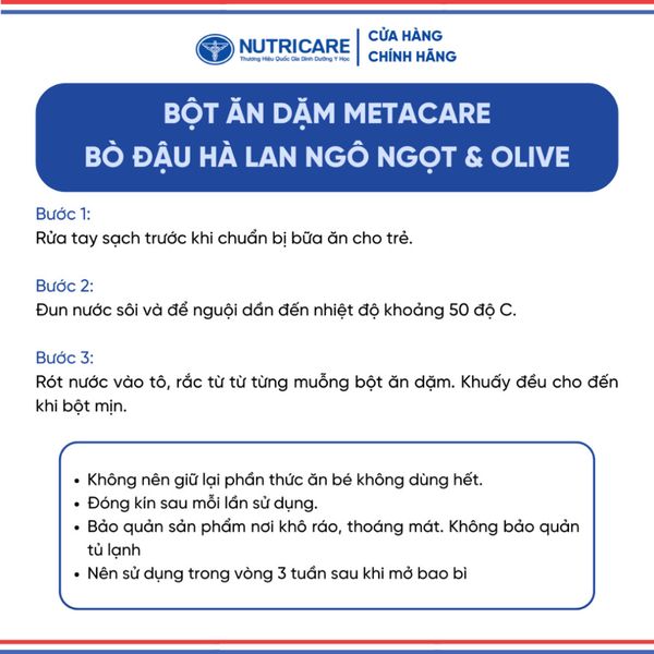 Bột Ăn Dặm NUTRICARE Metacare Bò Đậu Hà Lan Ngô Ngọt & Olive Hương Vị Thơm Ngon Giúp Bé Ăn Ngon Hơn và Hấp Thu Tốt 200G