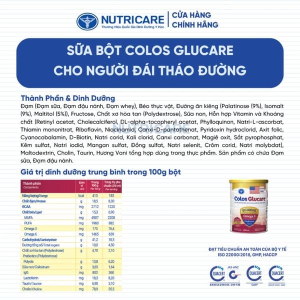 Sữa Bột COLOS GLUCARE NUTRICARE Sữa Non Hỗ Trợ Miễn Dịch Cho Người Đái Tháo Đường GI Thấp Ổn Định Đường Huyết 800G