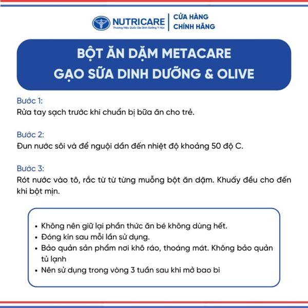 Bột Ăn Dặm NUTRICARE Metacare Gạo Sữa Dinh Dưỡng & Olive Hương Vị Thơm Ngon Giúp Bé Ăn Ngon Hơn và Hấp Thu Tốt 200G