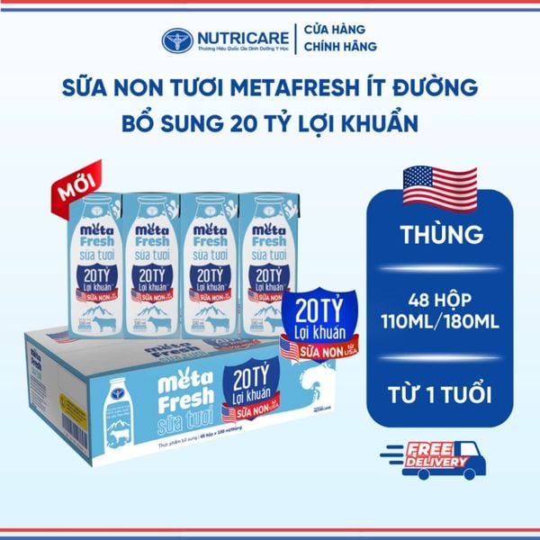 Thùng 48 Hộp Sữa Tươi META FRESH 20 TỶ LỢI KHUẨN ÍT ĐƯỜNG NUTRICARE Sữa Tươi Tiệt Trùng Tăng Cường Đề Kháng