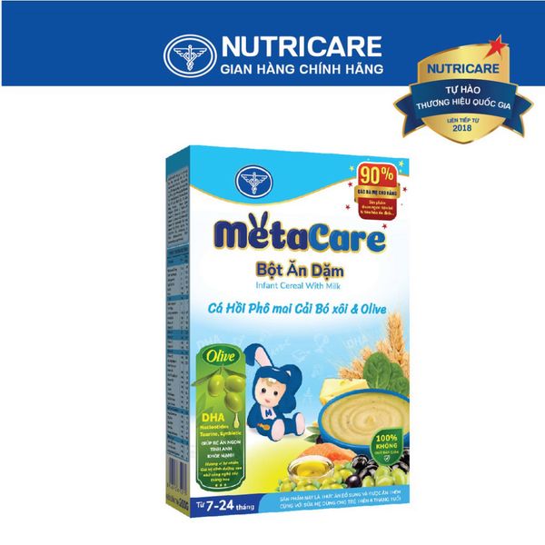 Bột Ăn Dặm NUTRICARE Metacare Cá Hồi Phô Mai Cải Bó Xôi & Olive Hương Vị Thơm Ngon Giúp Bé Ăn Ngon Hơn Hấp Thu Tốt 200G