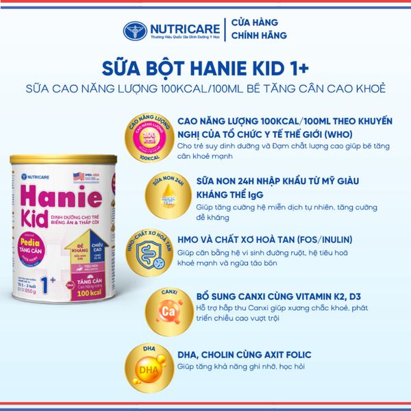 Sữa Bột HANIE KID 1+ NUTRICARE Cho Bé 1-2 TuổI Suy Dinh Dưỡng Biếng Ăn Thấp Còi, Sữa Non 24H Cao Năng Lượng 850G