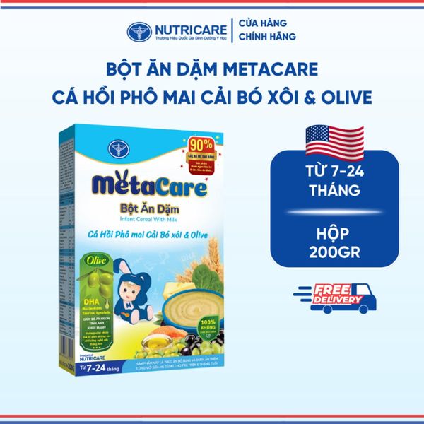 Bột Ăn Dặm NUTRICARE Metacare Cá Hồi Phô Mai Cải Bó Xôi & Olive Hương Vị Thơm Ngon Giúp Bé Ăn Ngon Hơn Hấp Thu Tốt 200G