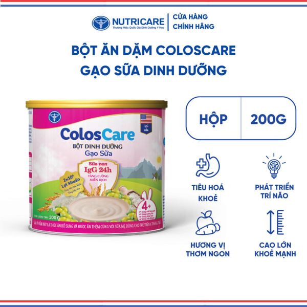 Bột Ăn Dặm NUTRICARE COLOSCARE Vị Ngọt Gạo Sữa Thơm Ngon Cho Trẻ Bắt Đầu Tập Ăn Bổ Sung Sữa Non IgG24H 200G/Lon