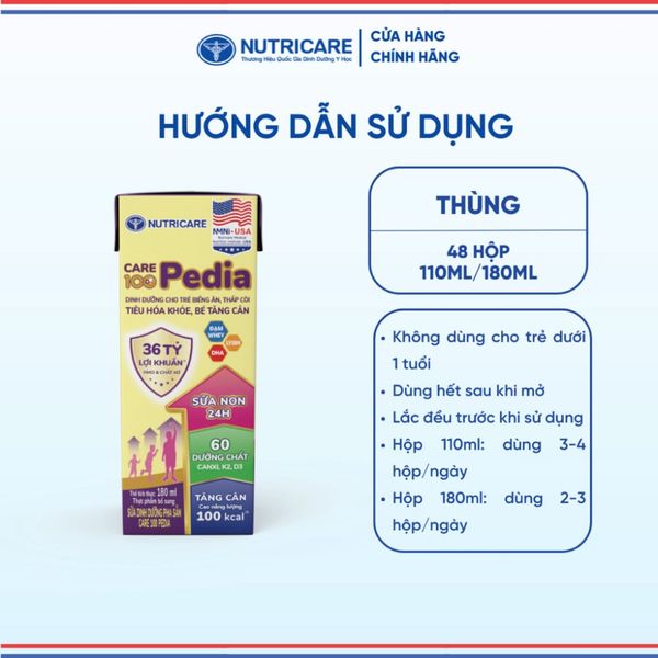 Thùng Sữa Bột Pha Sẵn CARE 100 PEDIA NUTRICARE Cho Bé Từ 1 Tuổi Hỗ Trợ ăng Cân Tiêu Hoá Khoẻ Chống Táo Bón 48 Hộp