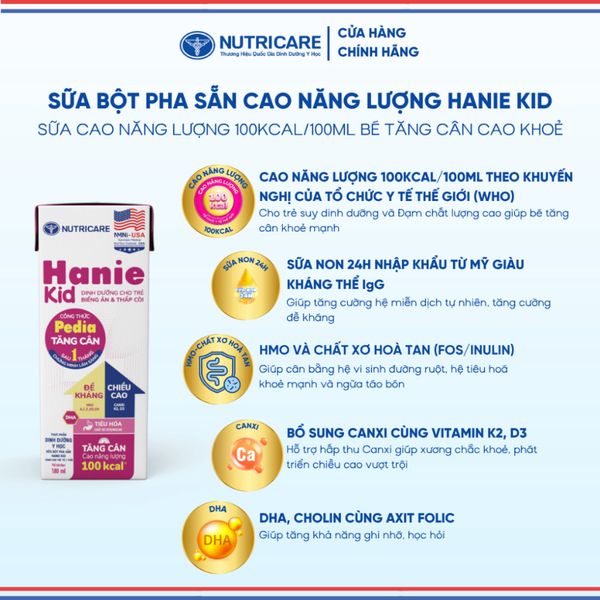 Thùng Sữa Bột Pha Sẵn HANIE KID NUTRICARE Bé Từ 1 Tuổi Suy Dinh Dưỡng Biếng Ăn Thấp Còi Sữa Non Cao Năng Lượng 48 Hộp